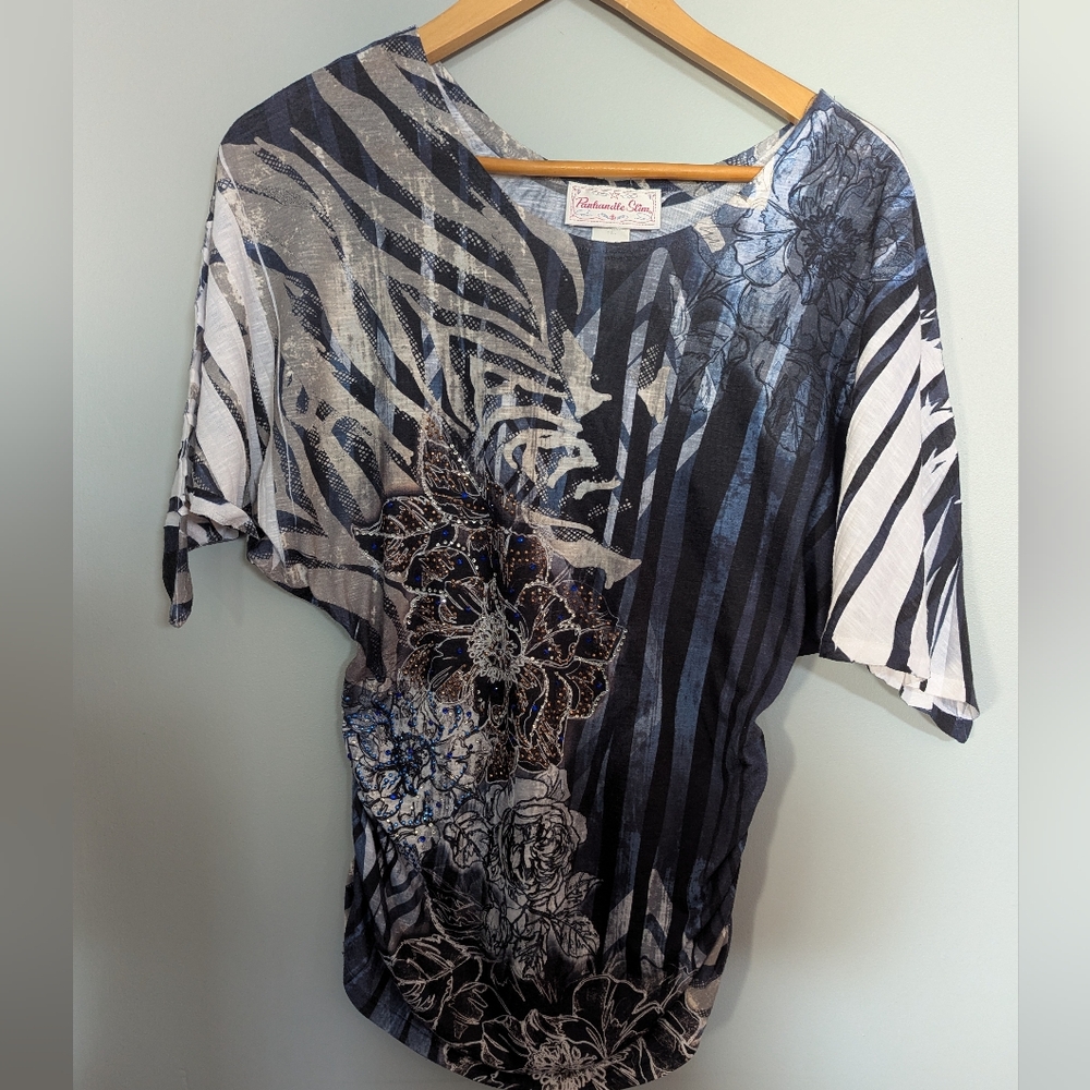 Vintage 90's Panhandle Slim Black and White Floral Blouse - Women's Small - Picture 1 of 8